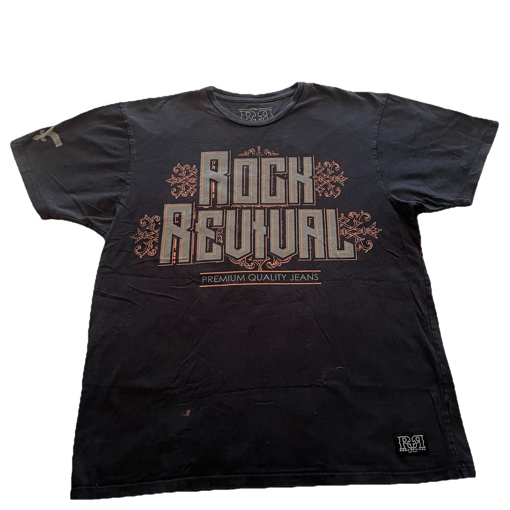 Rock‎ Revival T-Shirt Men's XL Black Graphic Print Crewneck Logo USA Distressed